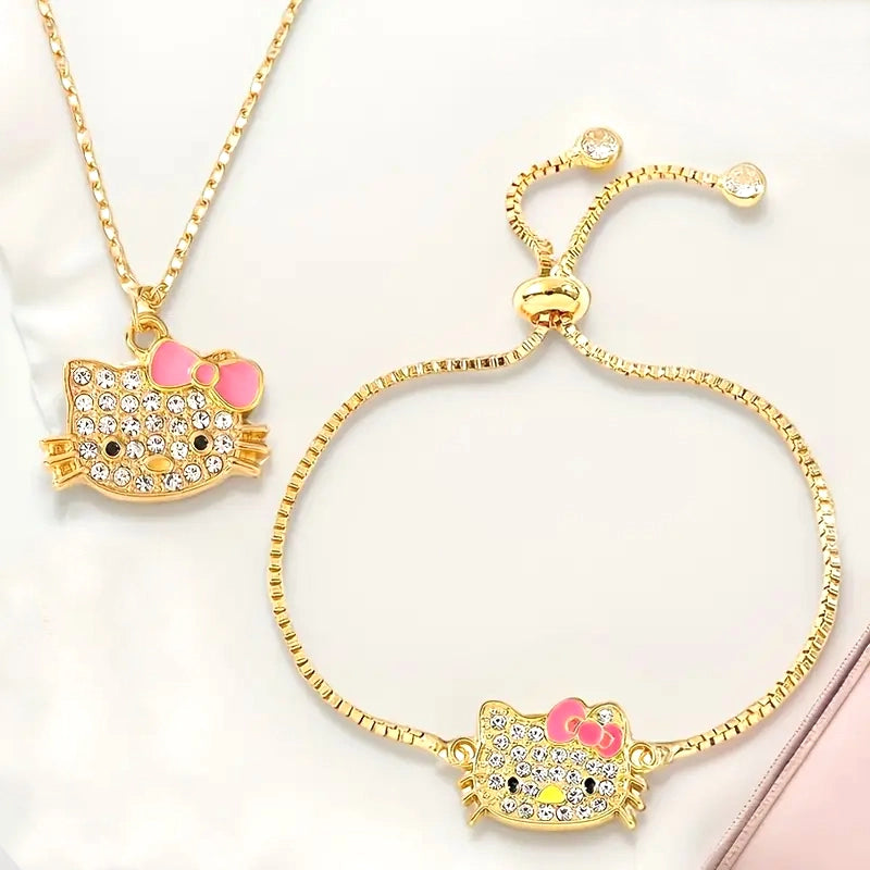 Conjunto Dourado de Joias Hello Kitty com 2 Peças - Colar e Pulseira