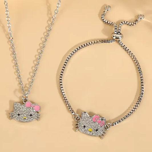 Conjunto Prateado de Joias Hello Kitty com 2 Peças - Colar e Pulseira